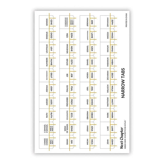 Sheet of narrow tabs with Bible chapter and verse references on a white background