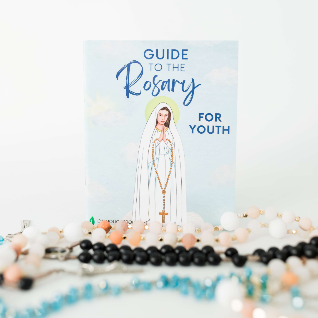 Guide to the Rosary for youth with a religious illustration on a white background