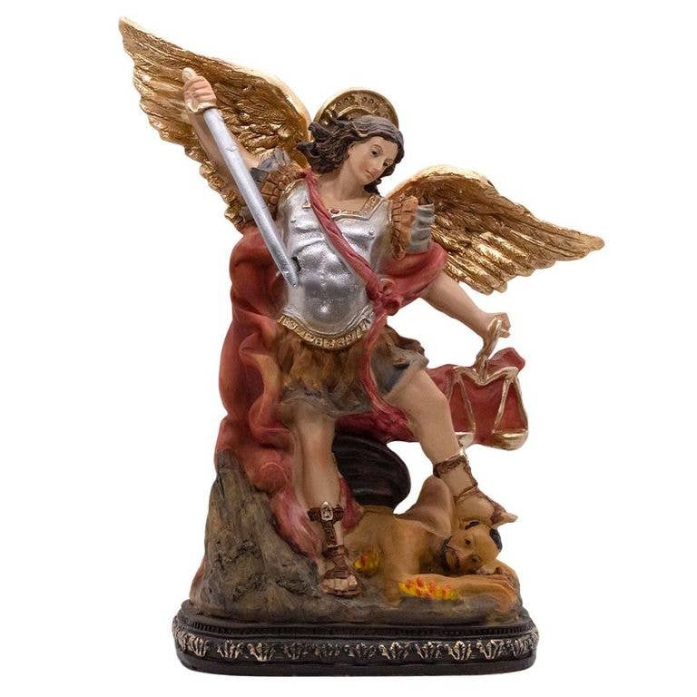 Statue of an angel with a sword and shield on a white background