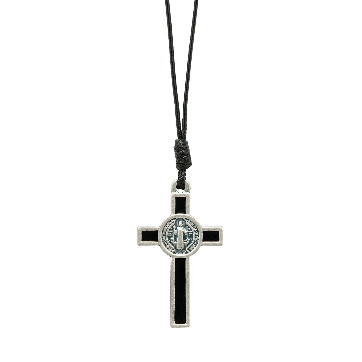 Black and silver cross pendant on a black cord against a white background