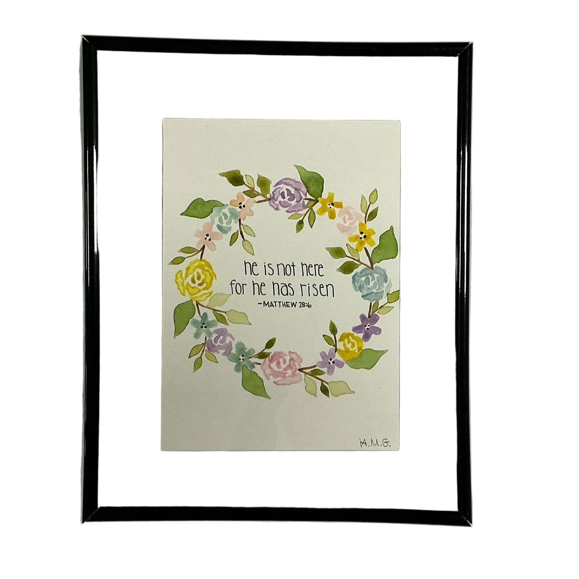 Framed artwork with floral design and text on a white background
