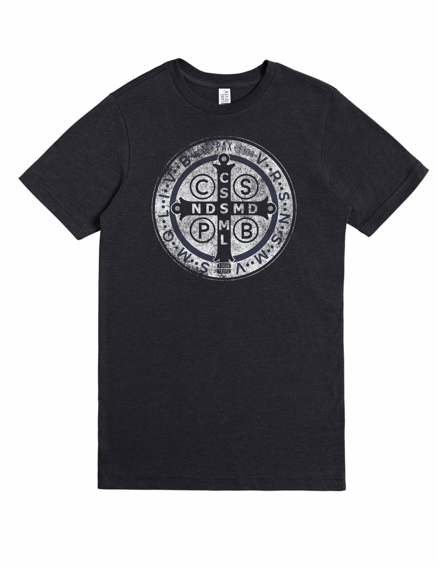 Black t-shirt with a white Benedict logo on a white background