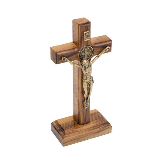 St. Benedict Medal Wooden Cross w/ Stand   5"