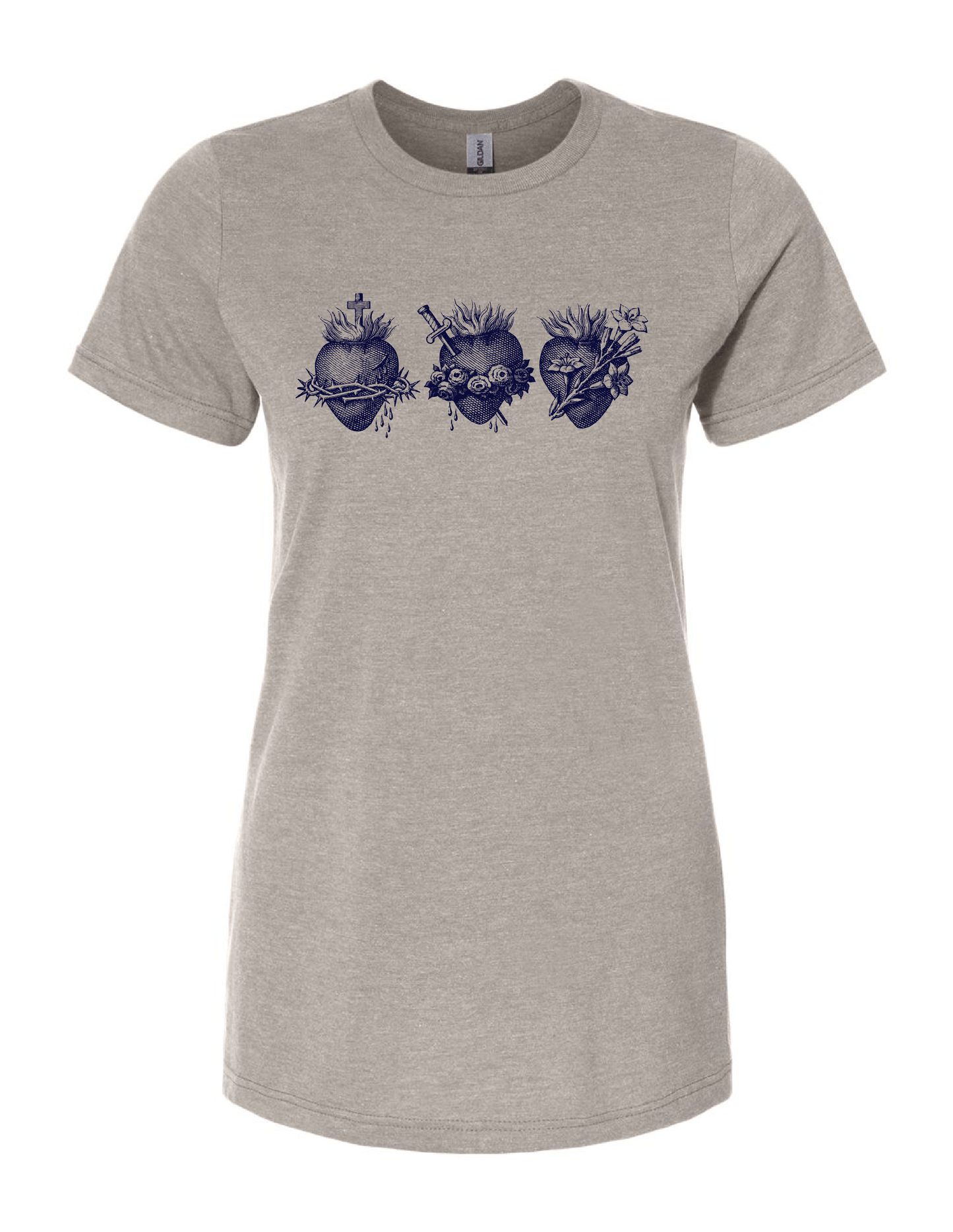 Gray t-shirt with the Holy Family hearts design on a white background