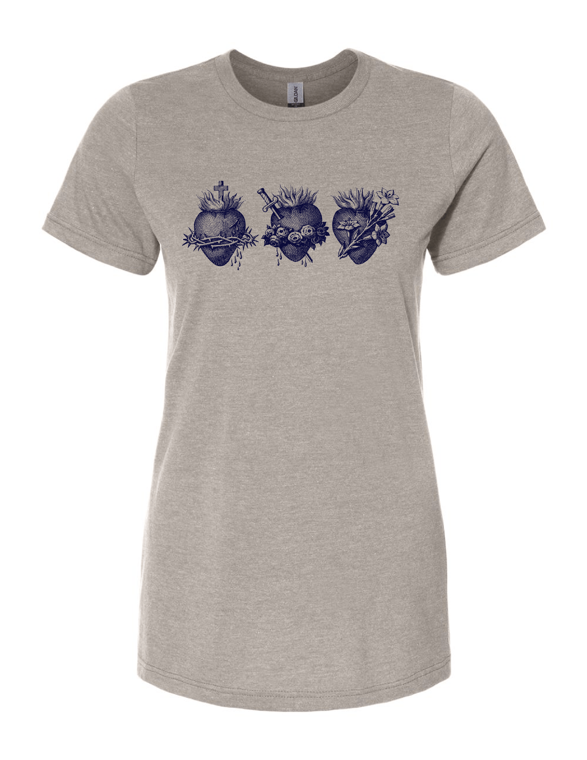Gray t-shirt with the Holy Family hearts design on a white background