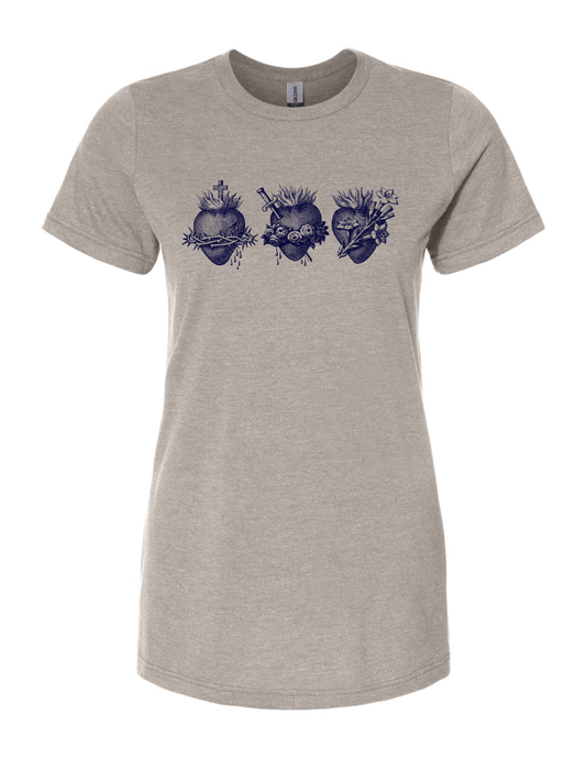 Gray t-shirt with the Holy Family hearts design on a white background