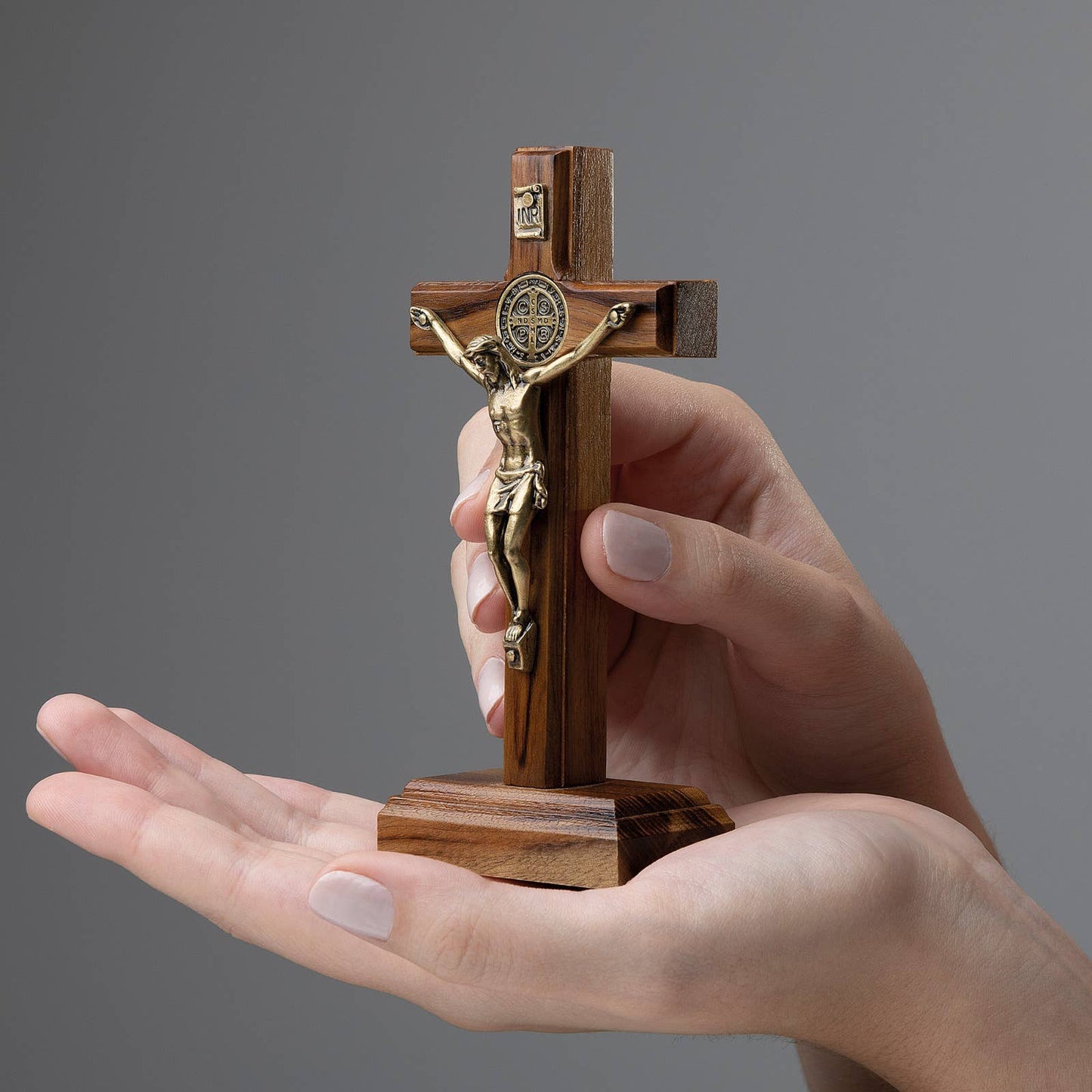 St. Benedict Medal Wooden Cross w/ Stand   5"