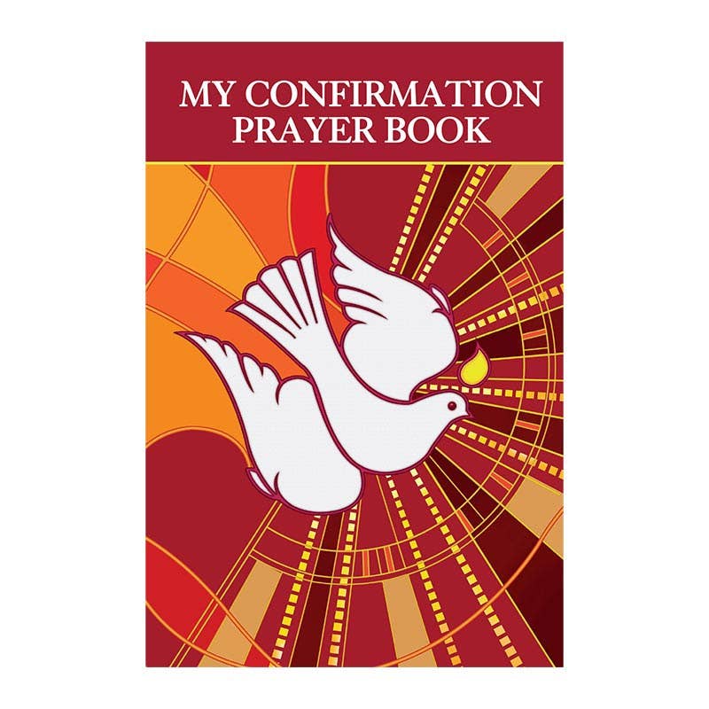 Book cover of 'My Confirmation Prayer Book' with a dove and cross design on a red and orange background.