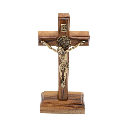 St. Benedict Medal Wooden Cross w/ Stand   5"