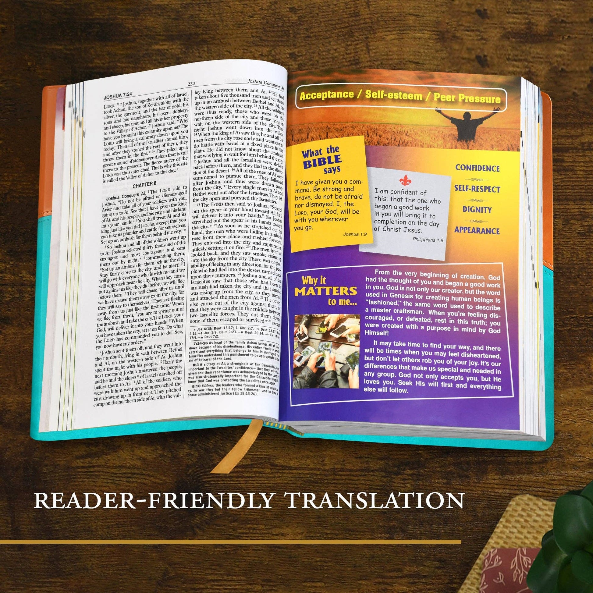 Open book with colorful inserts on a wooden surface, labeled 'Reader-Friendly Translation'.