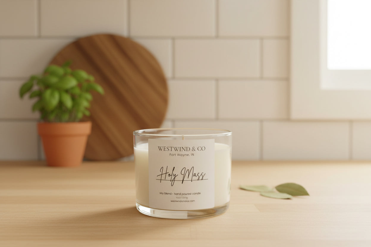 Candle with 'Westwind & Co' label on a wooden surface with a plant in the background