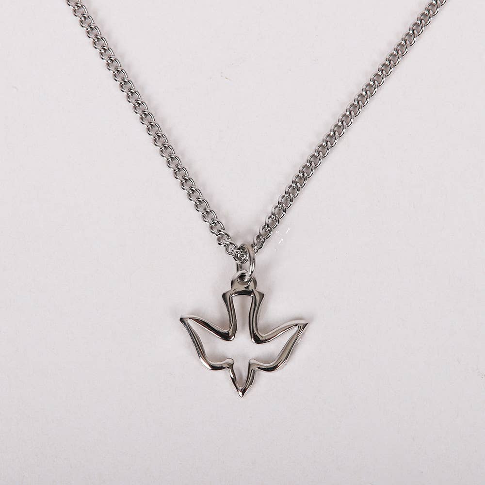 Silver dove pendant necklace on a light gray background