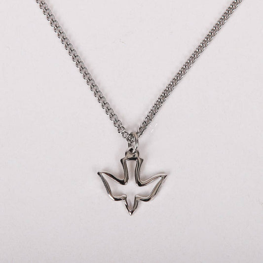Silver dove pendant necklace on a light gray background