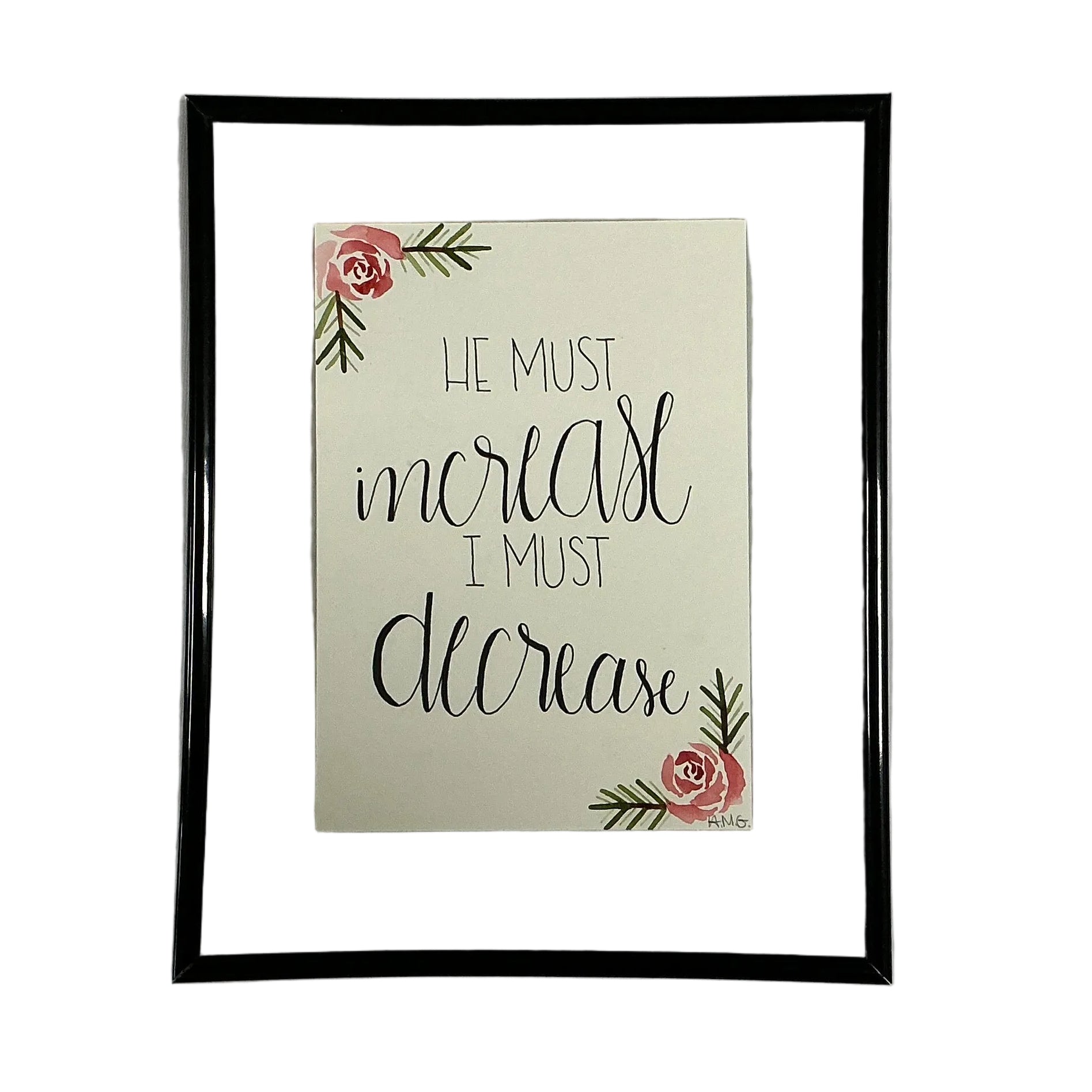 Framed print with motivational quote 'He must increase, I must decrease' and floral elements on a beige background.