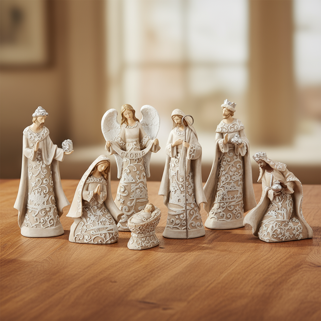 Nativity with Angel, Paper Cut Style; 7-piece Set