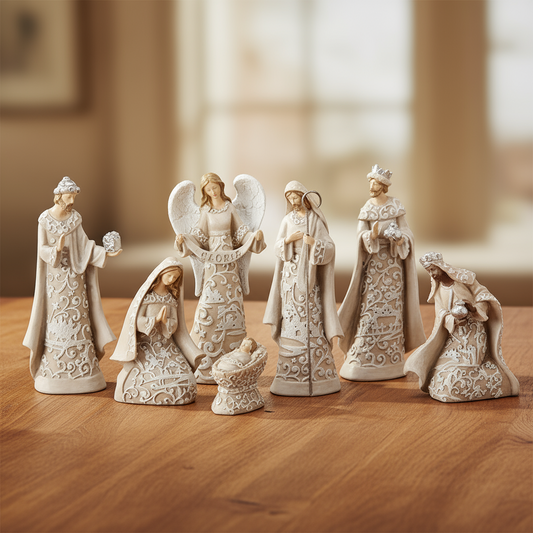 Nativity with Angel, Paper Cut Style; 7-piece Set