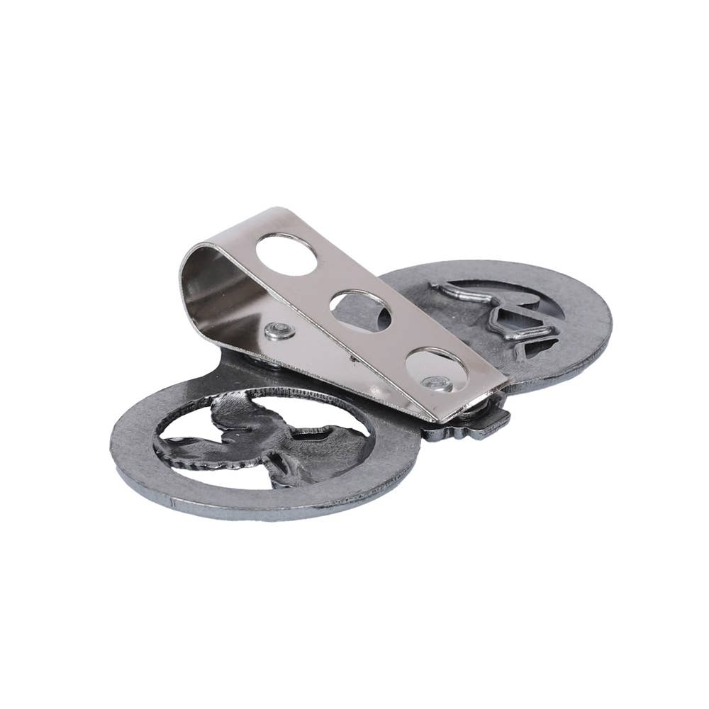 Metallic clip with circular components on a white background