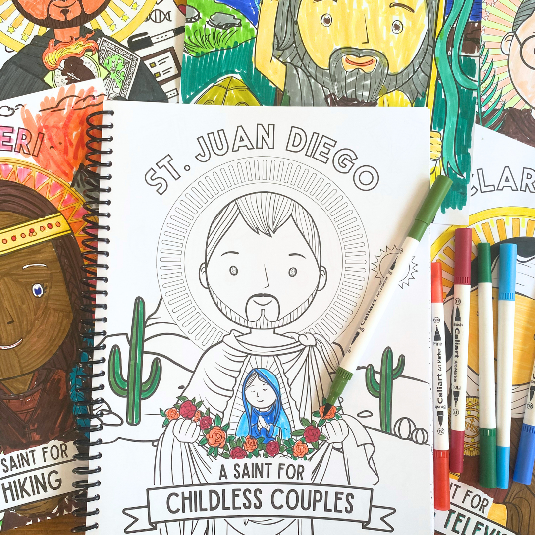 Coloring book with St. Juan Diego illustration and markers on a colorful background