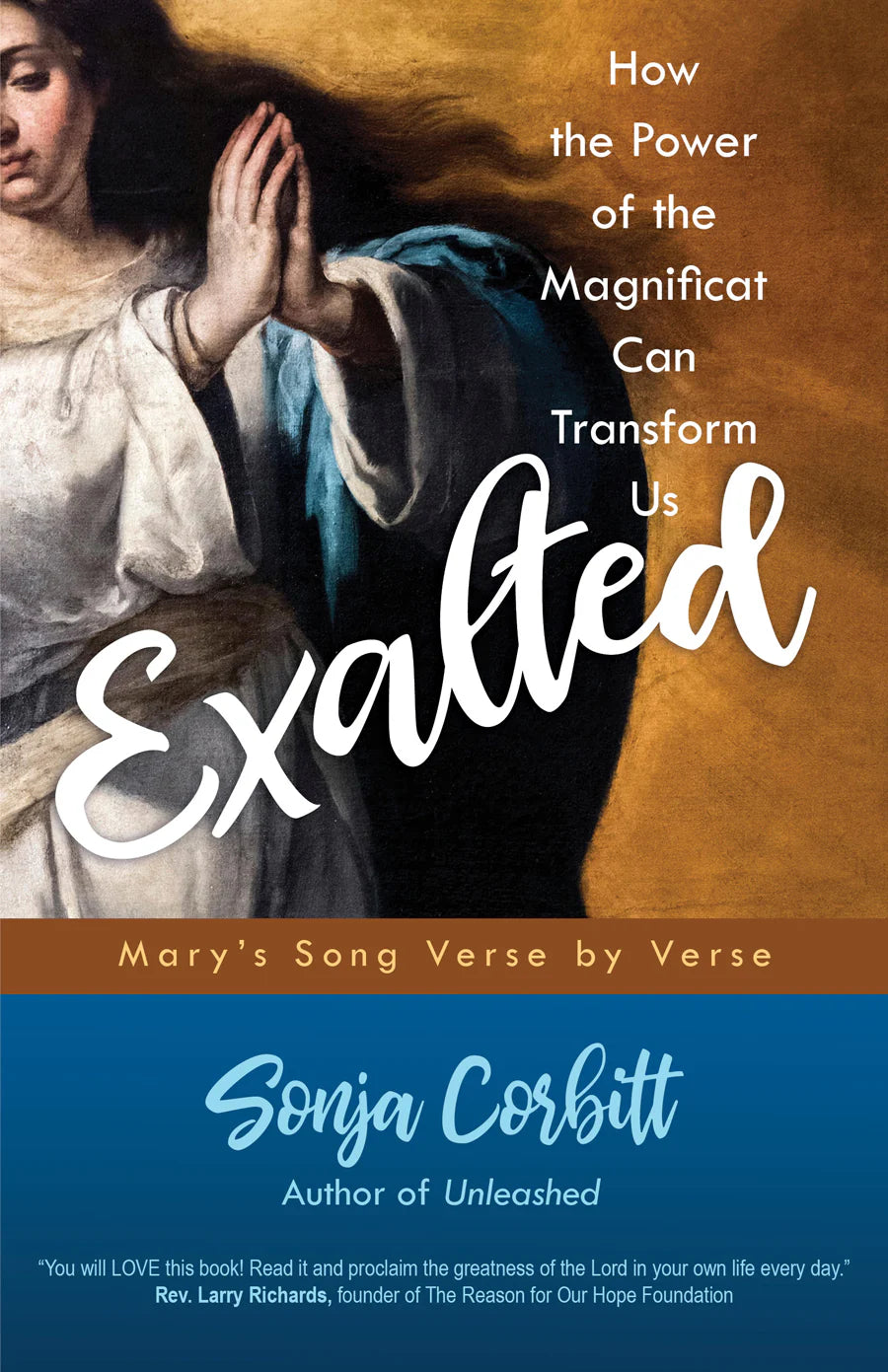 Book cover of 'Exalted: How the Power of the Magnificat Can Transform Us' by Sonja Corbitt with a biblical scene in the background.