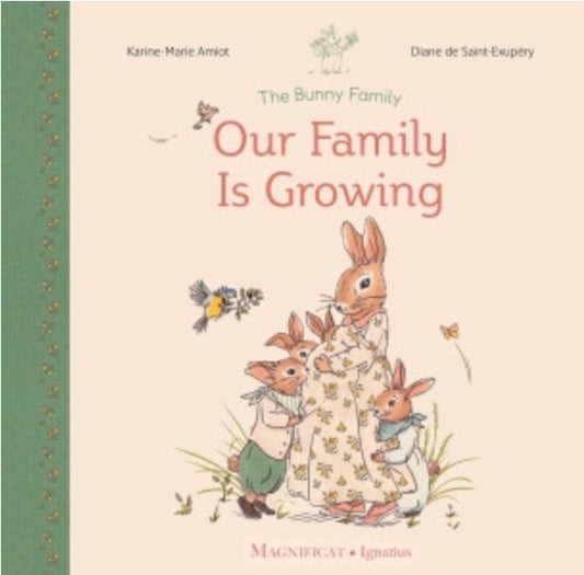 Book cover of 'Our Family Is Growing' featuring illustrations of a bunny family.