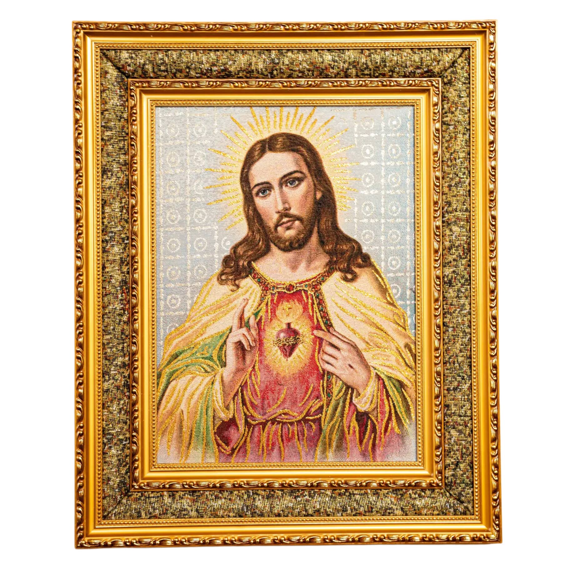 Decorative artwork of a religious figure with a gold frame on a white background