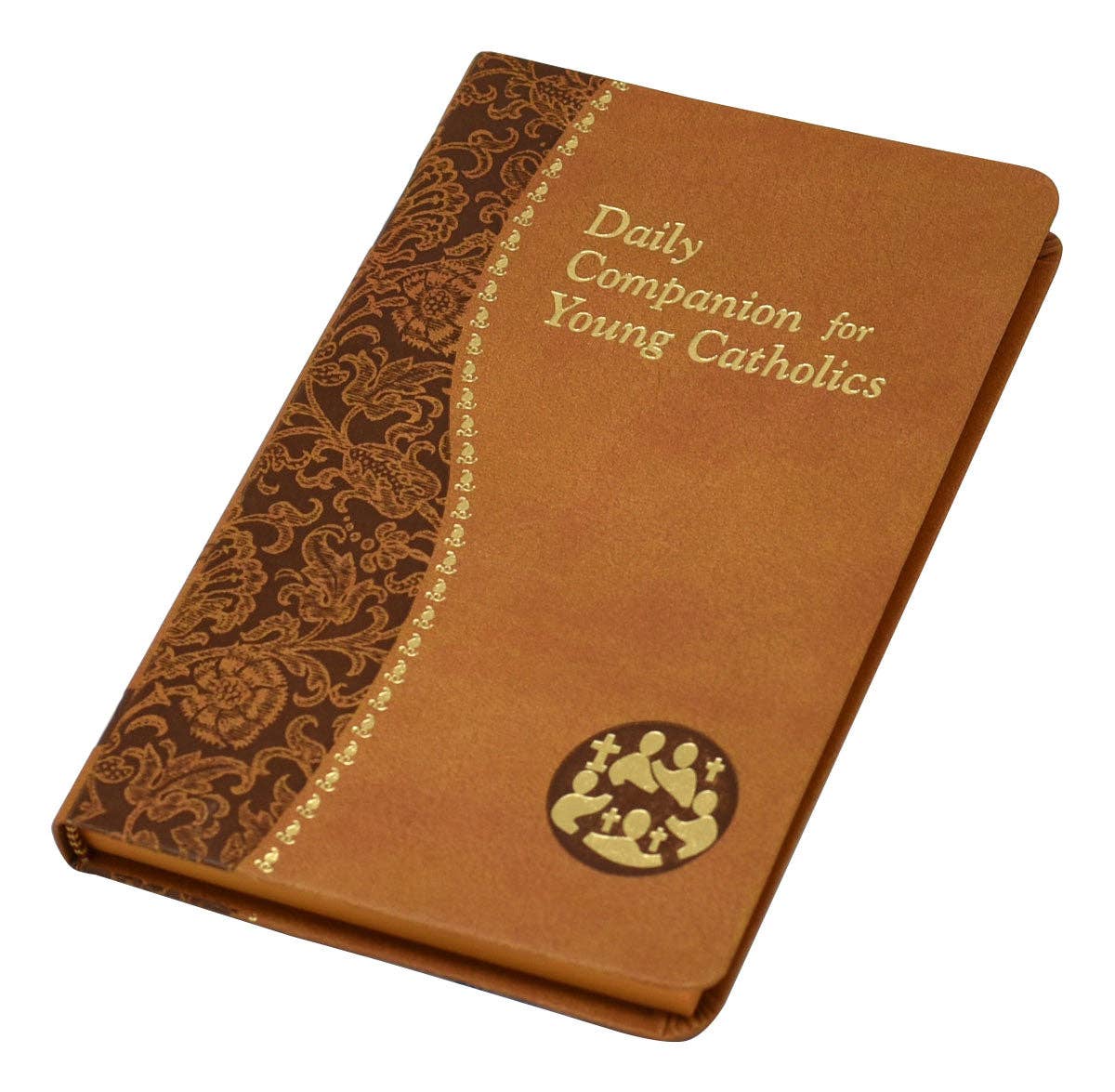 Brown book titled 'Daily Companion for Young Catholics' with decorative elements on a white background