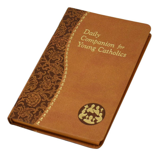 Brown book titled 'Daily Companion for Young Catholics' with decorative elements on a white background