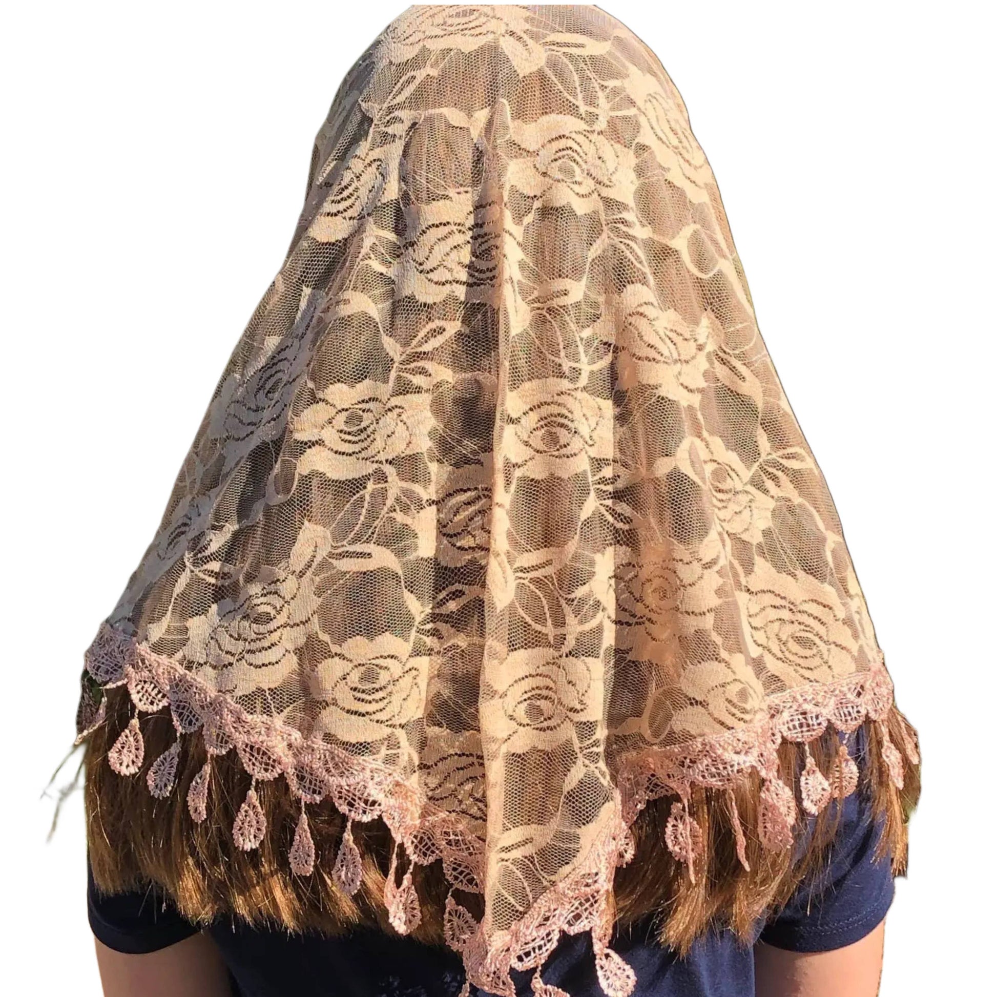 Lace veil with floral patterns on a white background