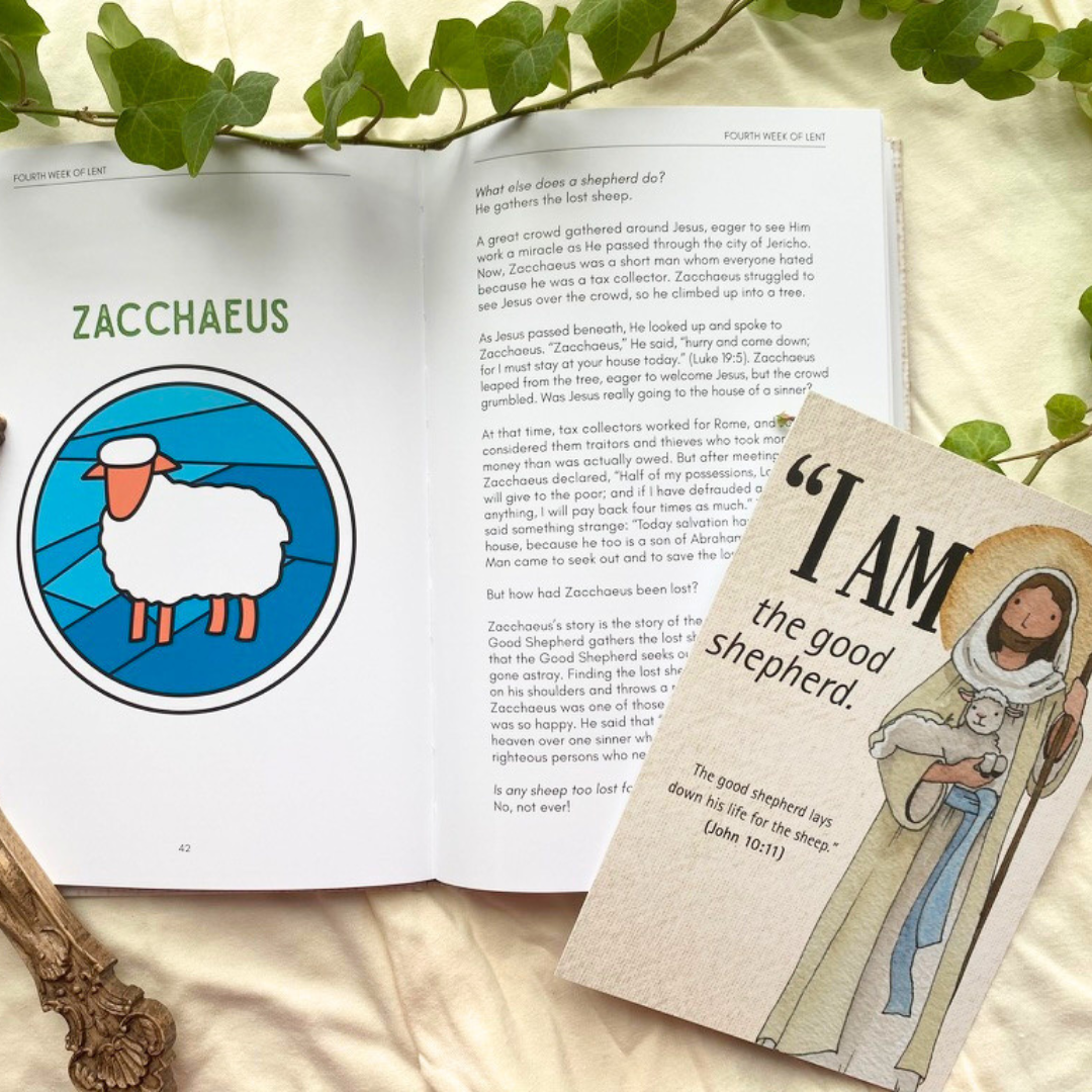 Open book with illustrations and text, including a book with a religious illustration and quote.