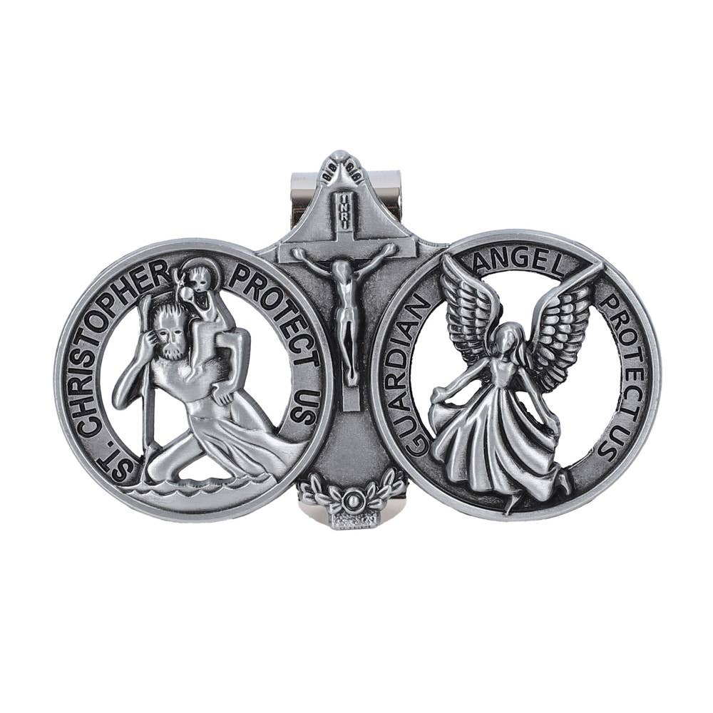 Silver religious pendant with St. Christopher and Guardian Angel figures on a white background