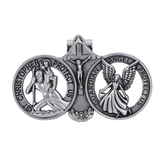 Silver religious pendant with St. Christopher and Guardian Angel figures on a white background