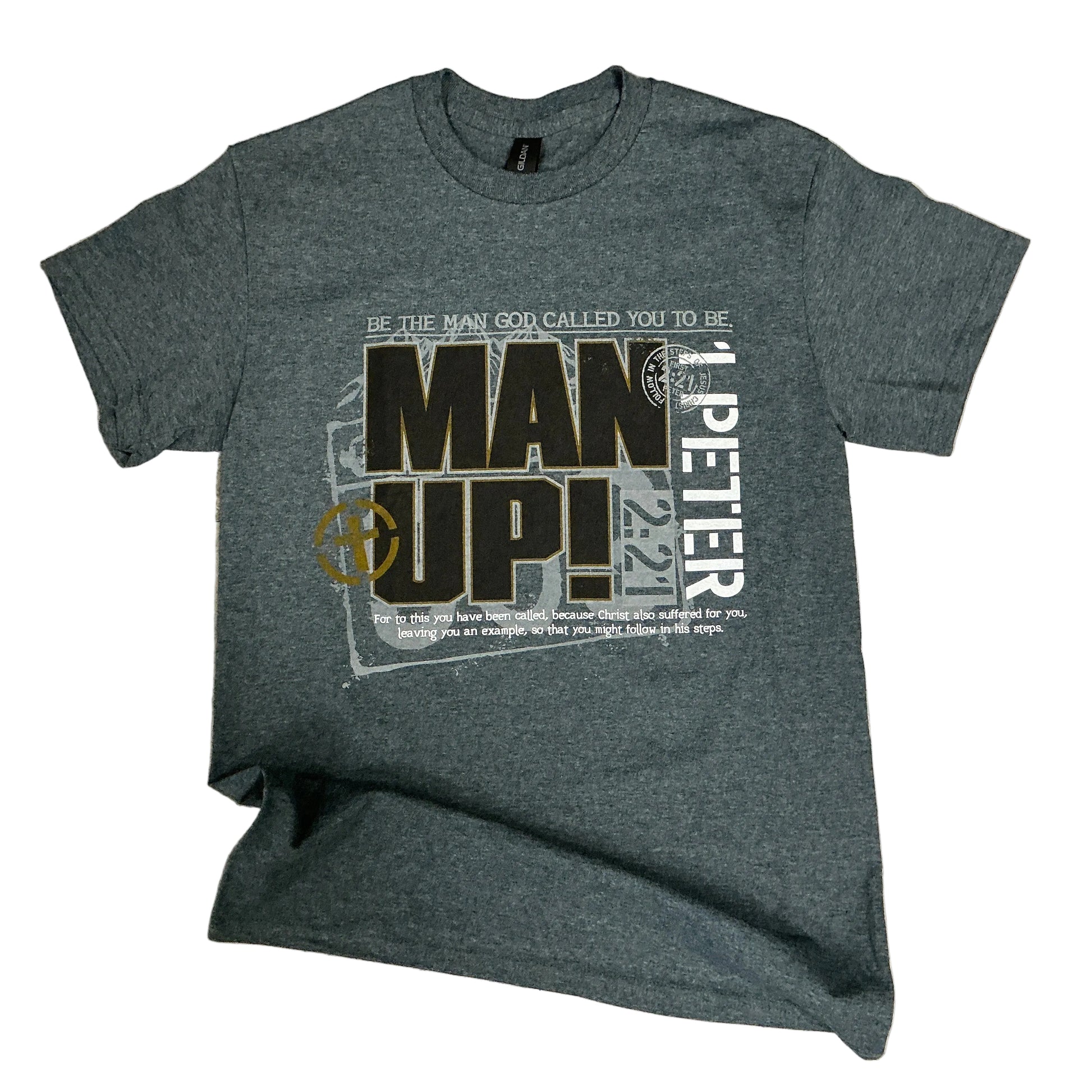 Gray t-shirt with 'Man Up!' text on a white background 