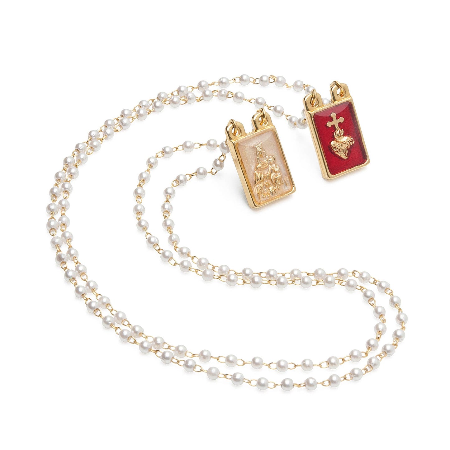 Lady's Scapular- Sacred Heart + Lady Mt. Carmel Pearl Beads 