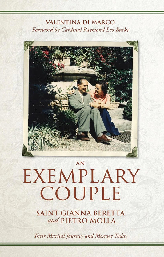 Book cover of 'An Exemplary Couple' featuring a couple sitting together with text about Saint Gianna Beretta and Pietro Molla.