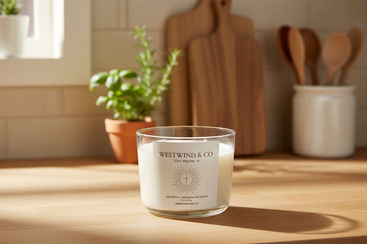 Candle with Westwind & Co label on a wooden surface with kitchen items in the background