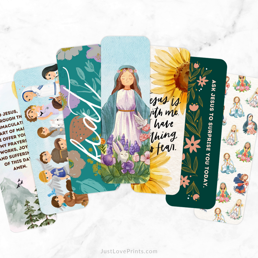 Set of colorful cards with religious illustrations and text on a white background