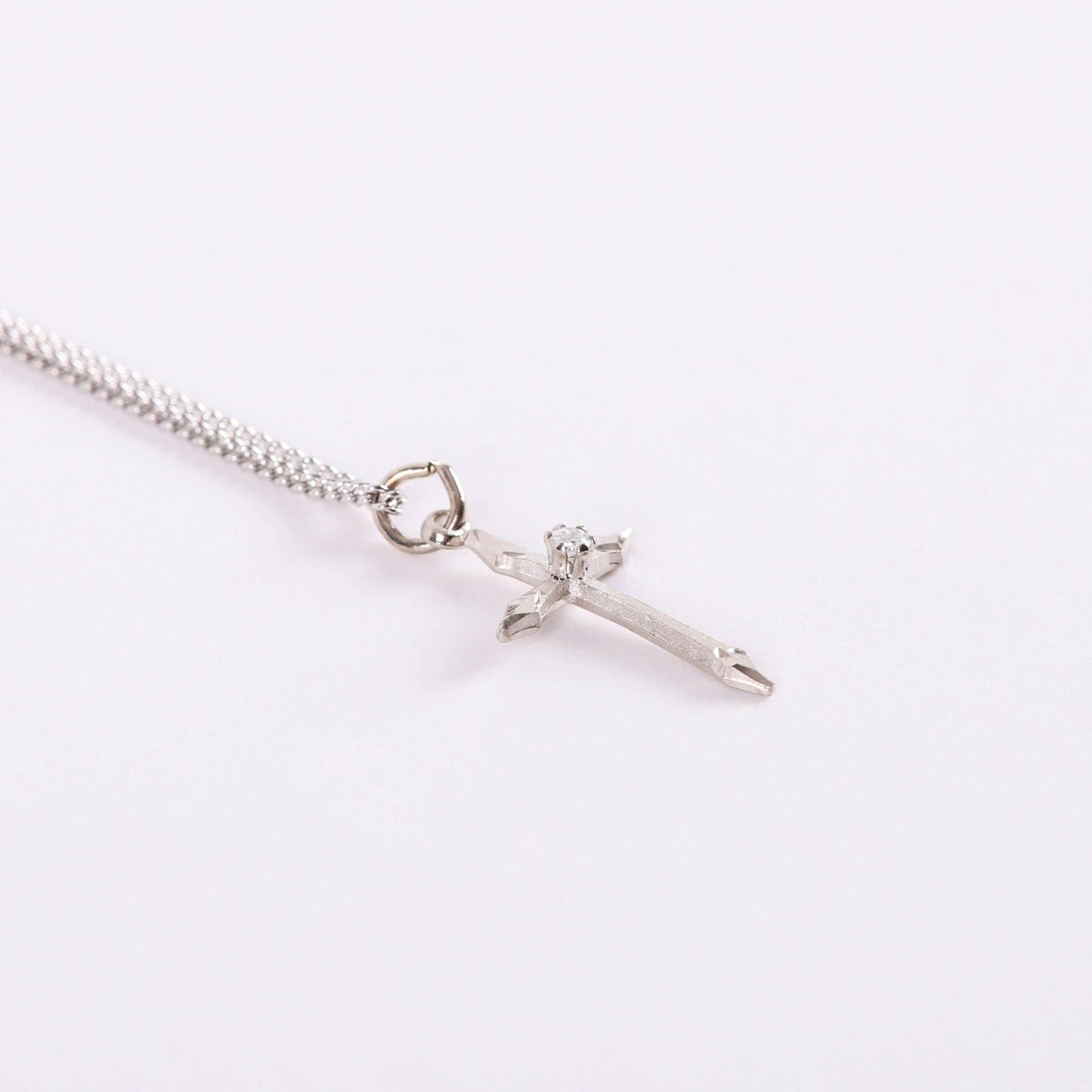 Necklace Cross Stone SS 16-18" Platinum Plated Brass Chain