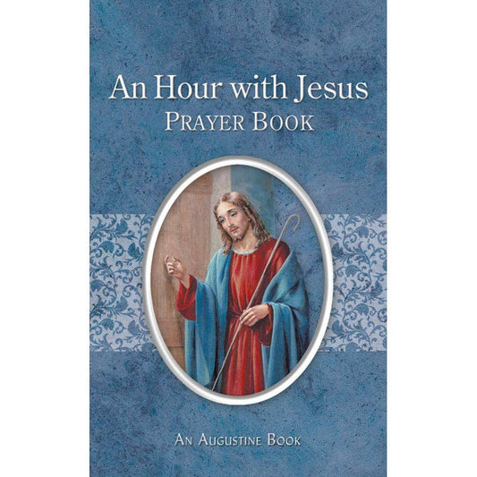 Prayer book cover with illustration of Jesus and text 'An Hour with Jesus Prayer Book' on a blue background