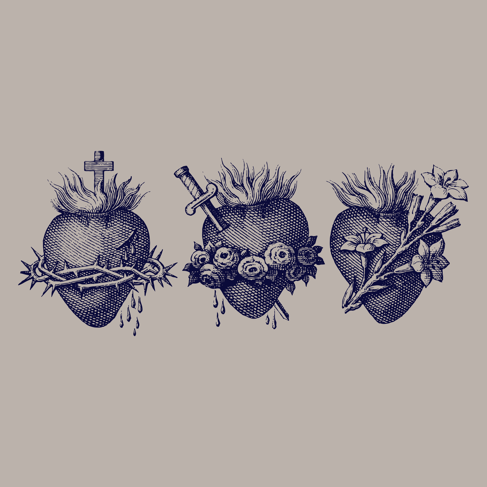 Three illustrations of sacred hearts with various elements on a beige background