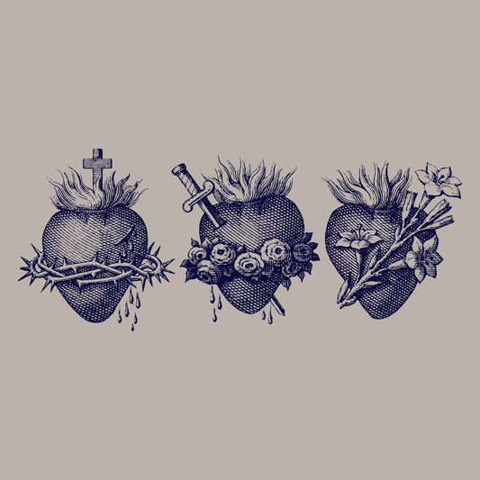 Three illustrations of sacred hearts with various elements on a beige background