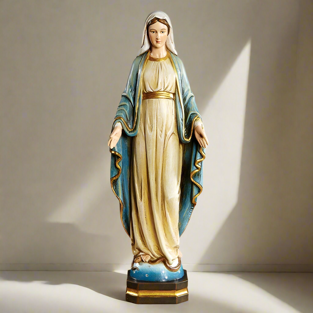 Mary in a white and gold Dress and blue cover standing on snake