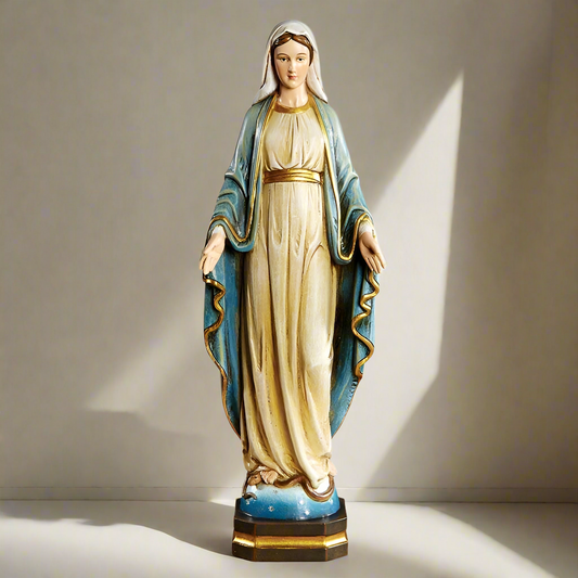 Mary in a white and gold Dress and blue cover standing on snake