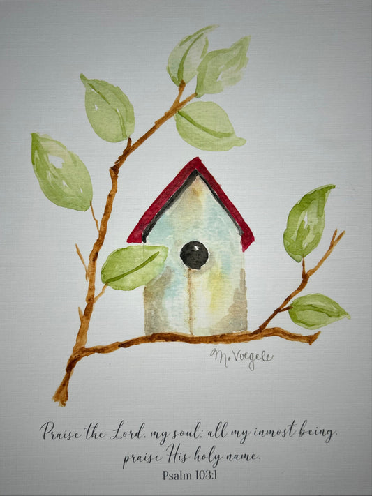 Watercolor illustration of a birdhouse on a branch with leaves, featuring a religious quote.