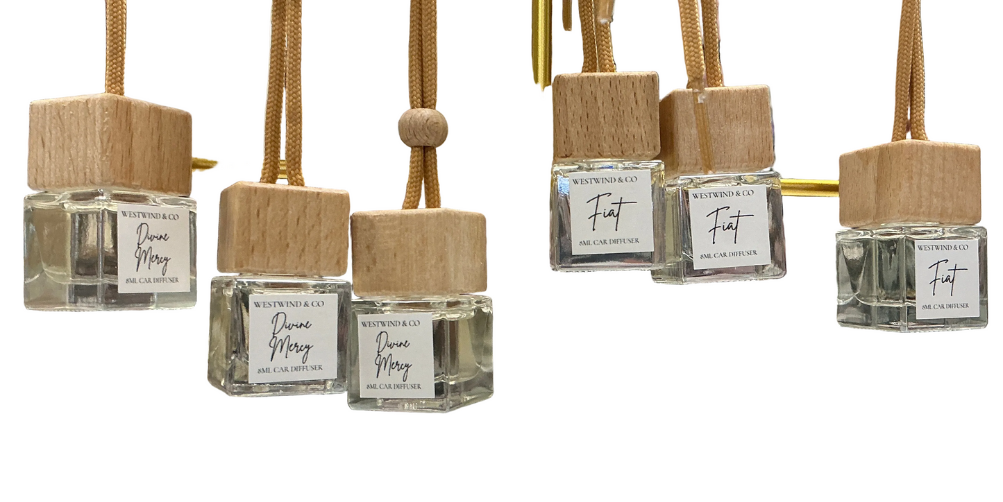 Fiat and divine mercy car diffusers hanging with white background 