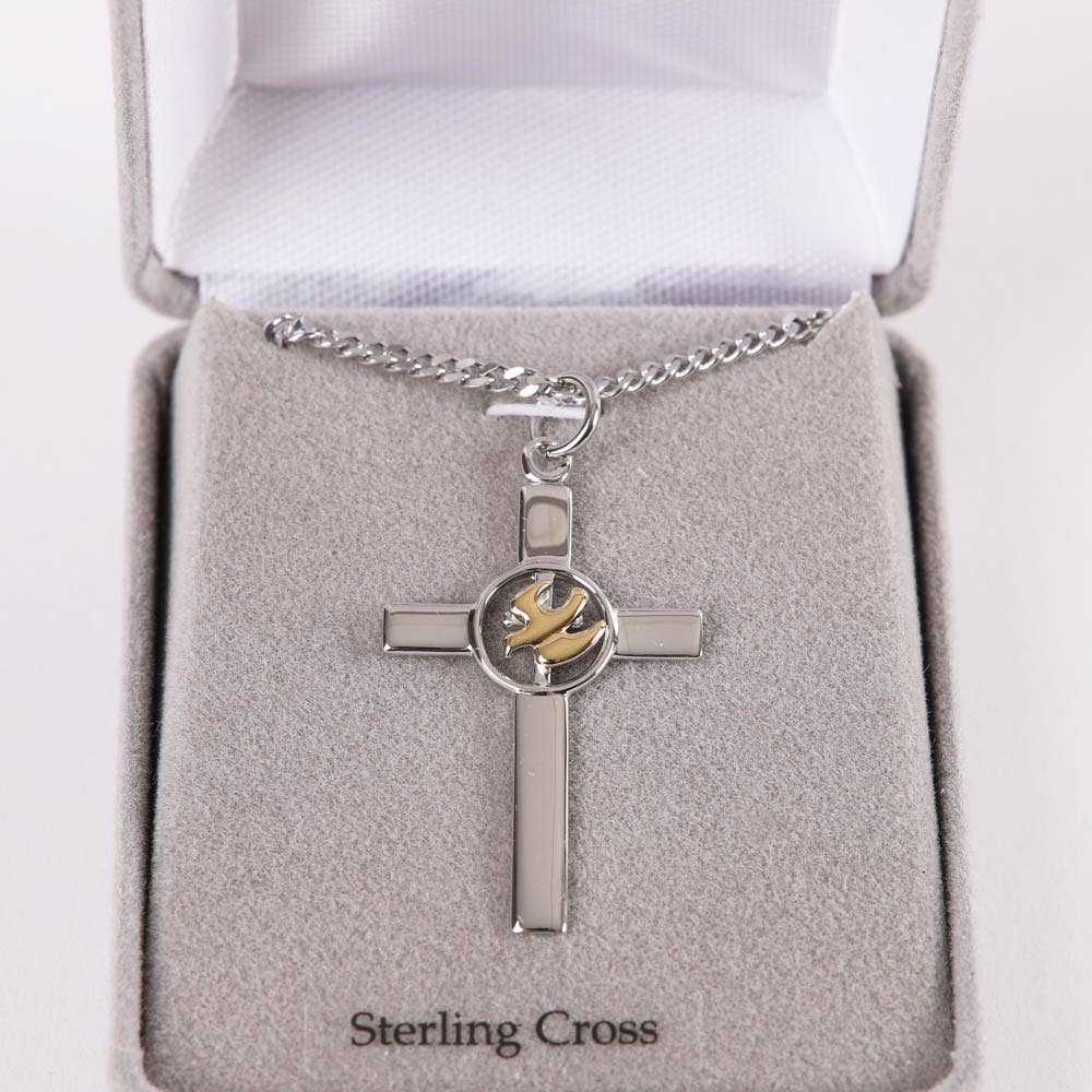 Silver cross pendant with a gold emblem on a gray cushion in a jewelry box.