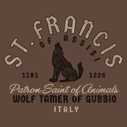Design featuring St. Francis of Assisi with a wolf, text about him, and his location on a brown background.