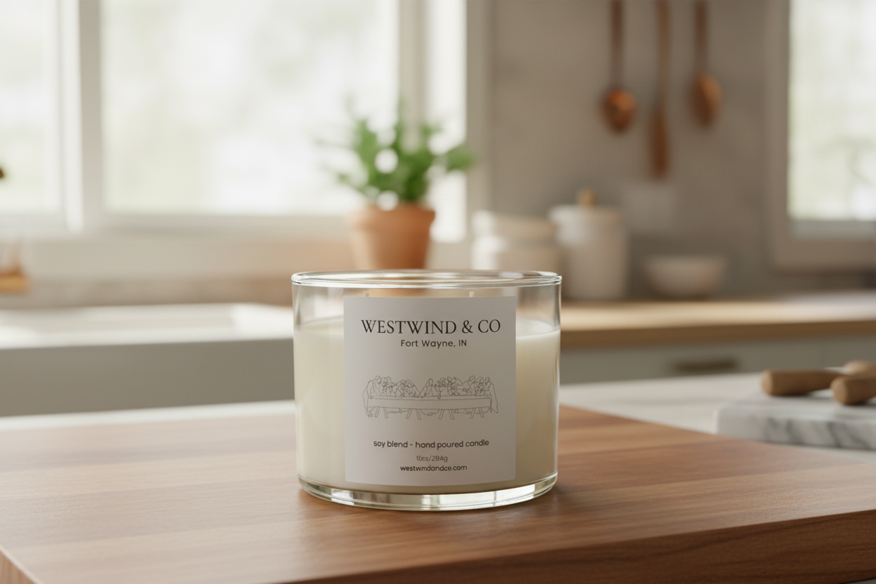 Candle with Westwind & Co label on a kitchen counter