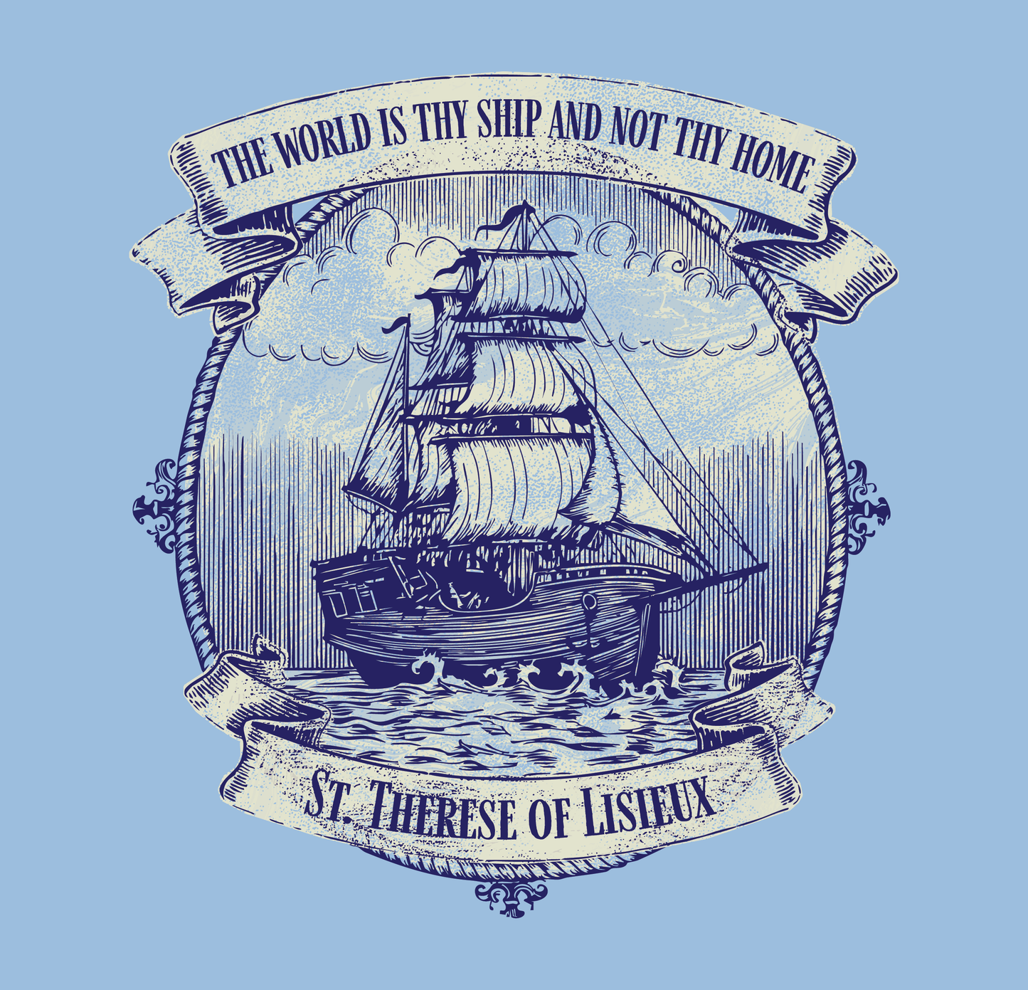 Nautical design with ship and text on a light blue background