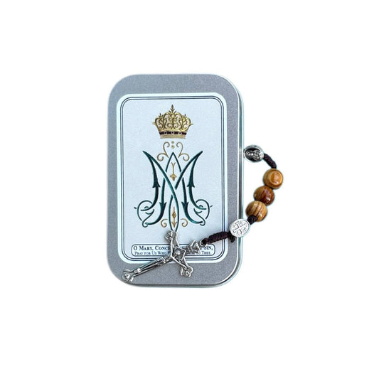 Mary Wooden Rosary in Tin