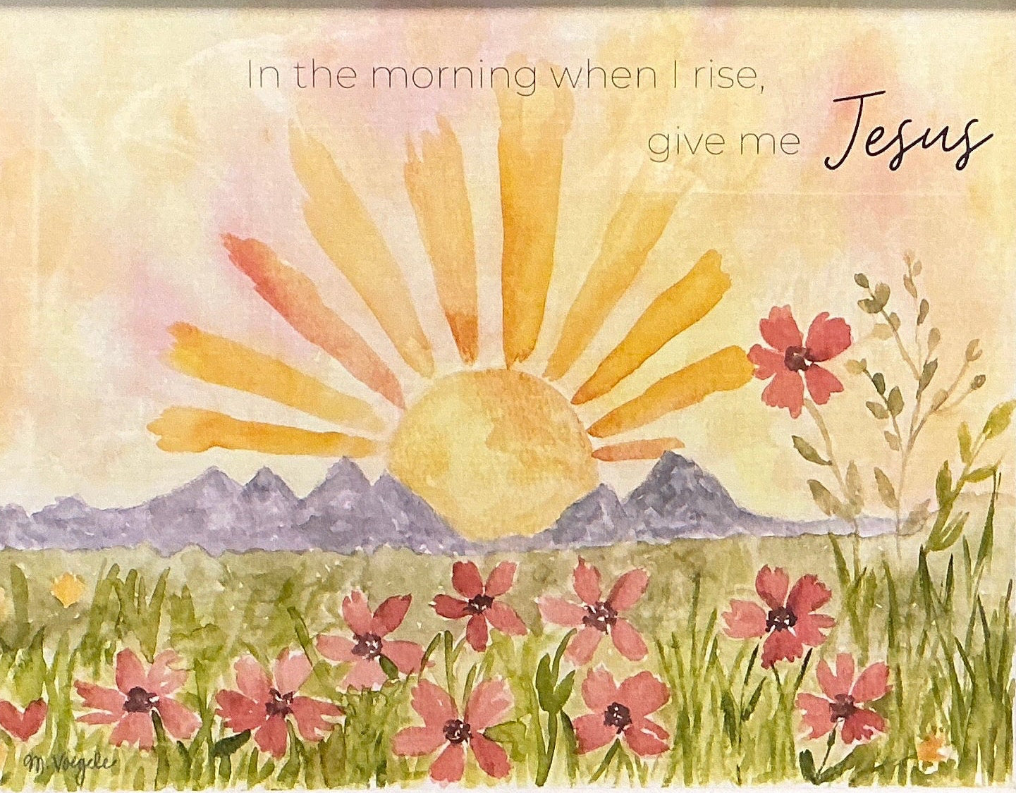 Framed colorful artwork with a sun and mountain scene.